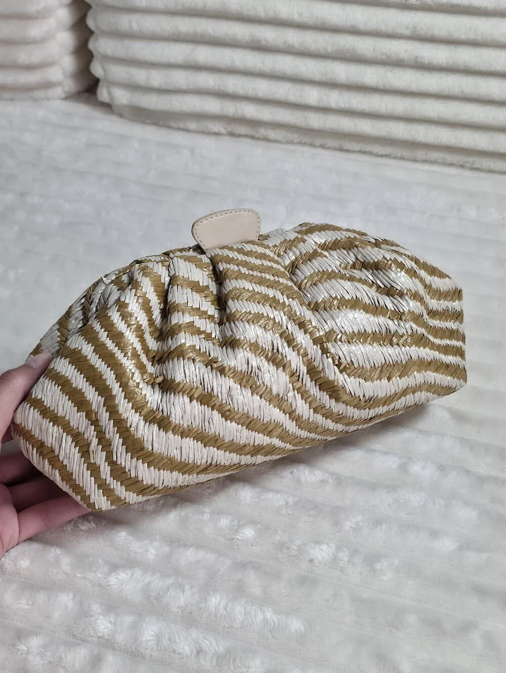 Badgley Mischka Jewel Tiger Raffia Pouch Clutch, One Size, Tan, Missing Chain